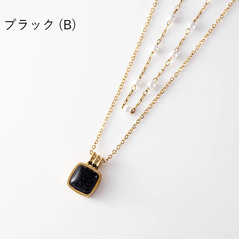 2連パール×スクエアストーンネックレス
