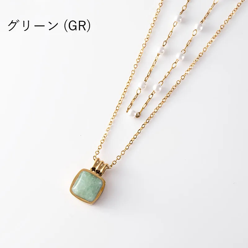 2連パール×スクエアストーンネックレス