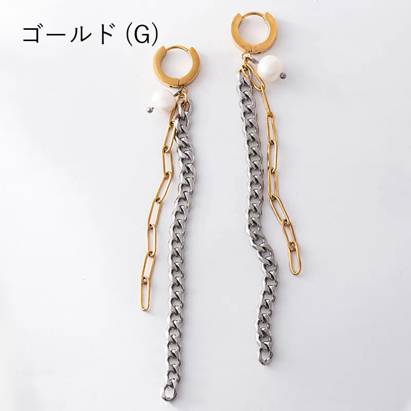 パール×チェーンロングピアス